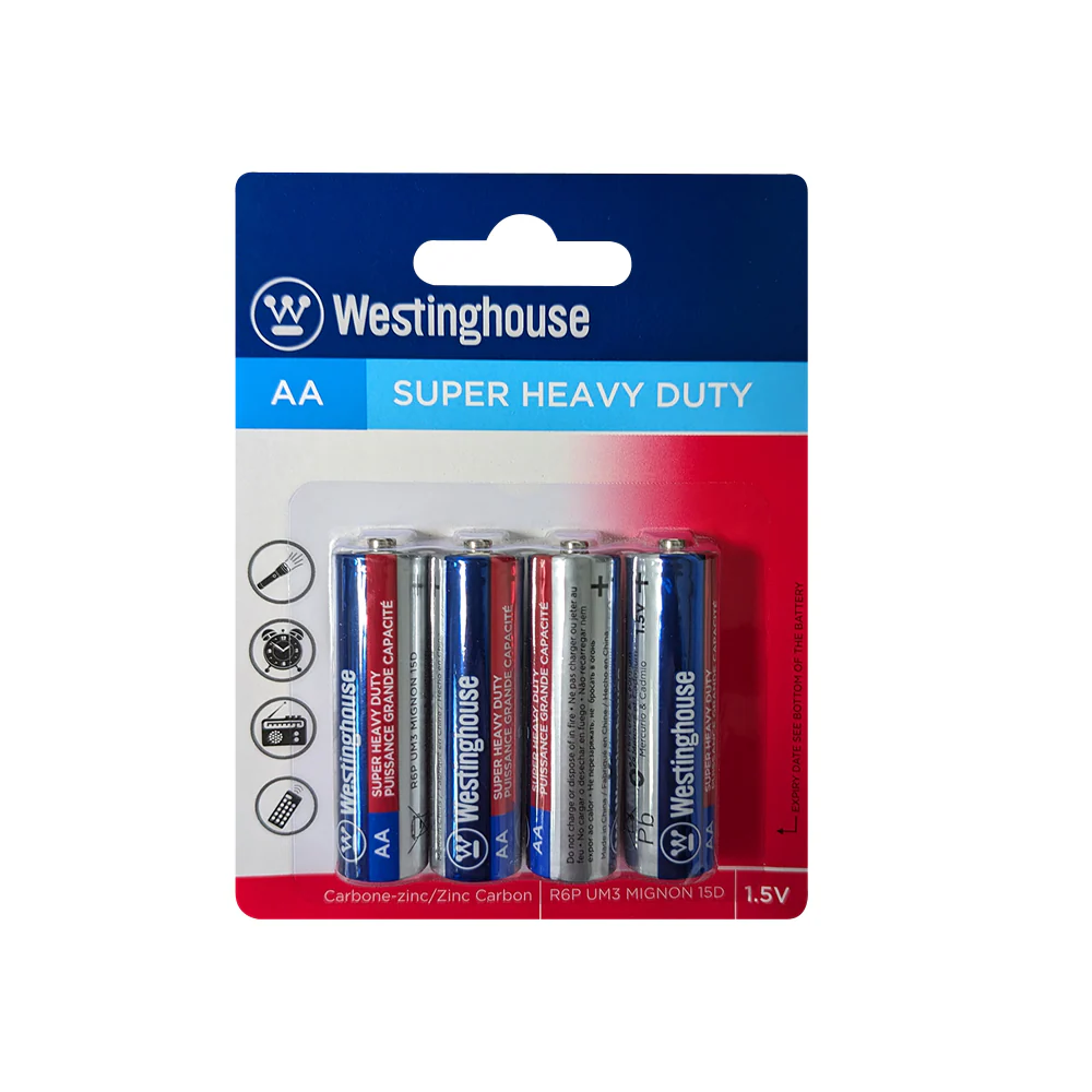 R6P-BP4V 1.5V AA Zinc-Carbon Super Heavy Duty Batteries, 4-Pack