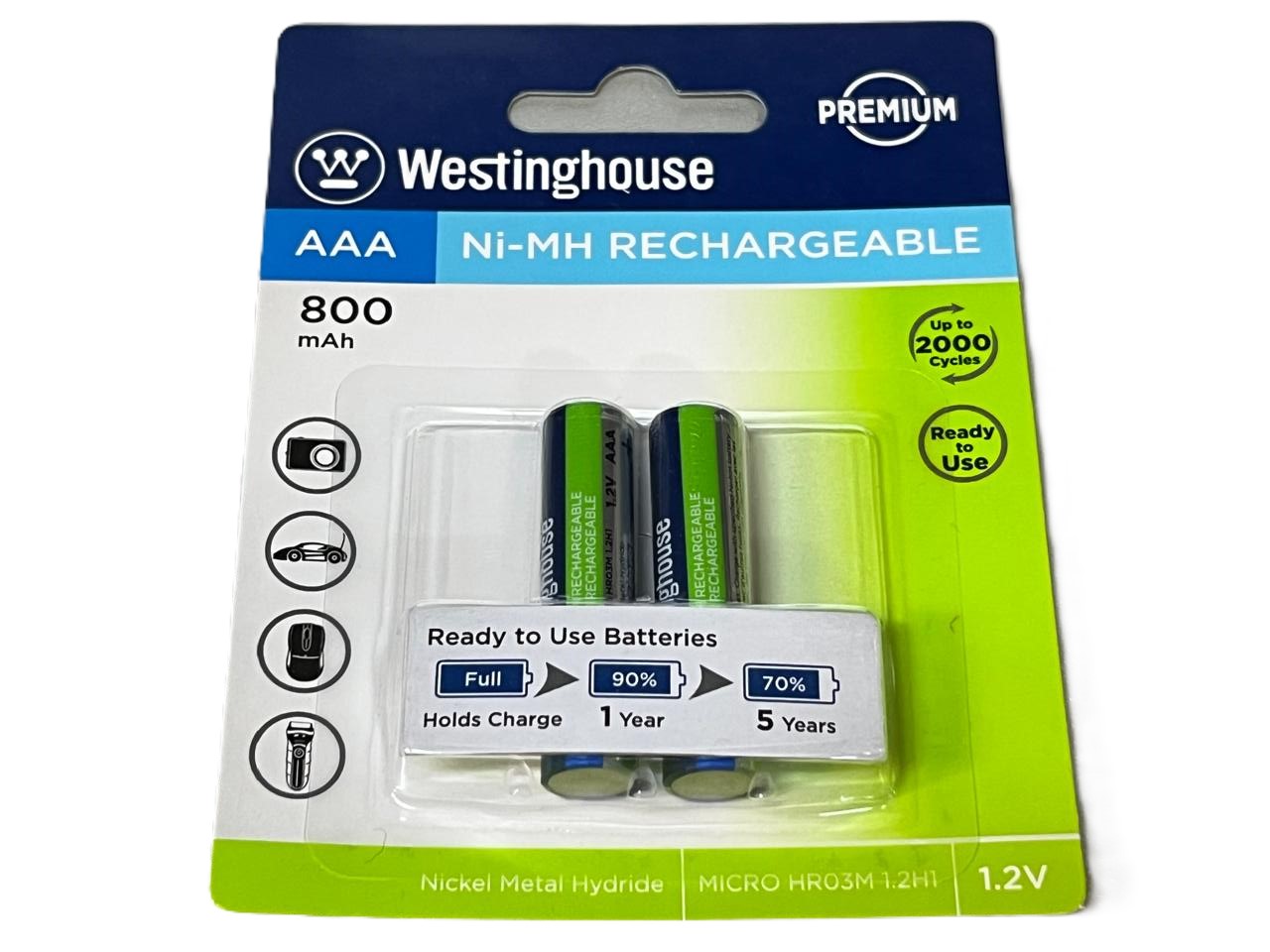 AAA 1.2V 1000mAh Ni-MH Rechargeable Batteries, Pack of 2