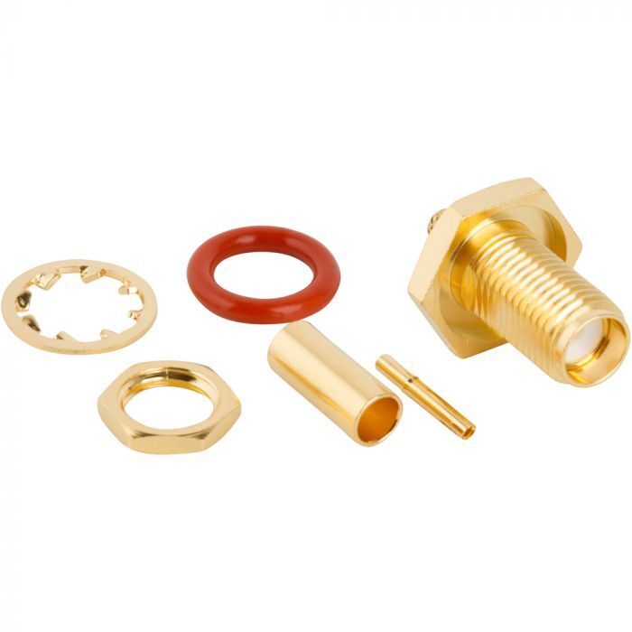 SMA STRAIGHT CRIMP JACK BULKHEAD RF CONNECTOR, 50 OHM, LMR-100A COMPATIBLE