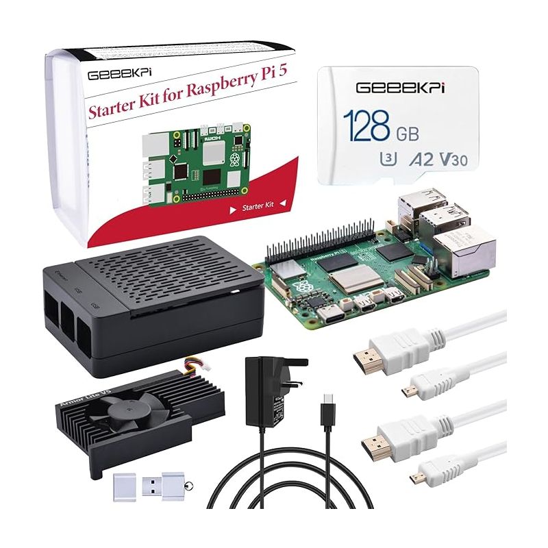 GeeekPi Starter Kit for Raspberry Pi 5 8GB, with Raspberry Pi 5 & Active Cooler, Case, 128GB Card, Card Reader, HDMI Cables and 27W USB C Power Supply (10-15 WORKING DAYS subject to availability )