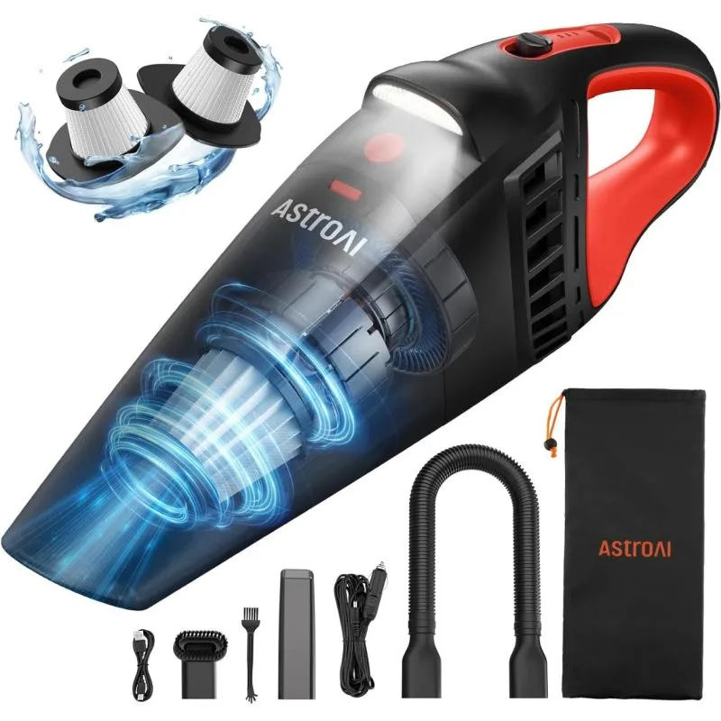 AstroAI V2 Cordless Handheld Car Vacuum Cleaner 7500Pa 6000mAh with 12V DC Power LED Light and Accessories