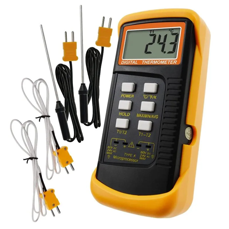 Digital 2 Channel K Type Thermometer with 4 Stainless Steel Thermocouples -50 to 1300 C