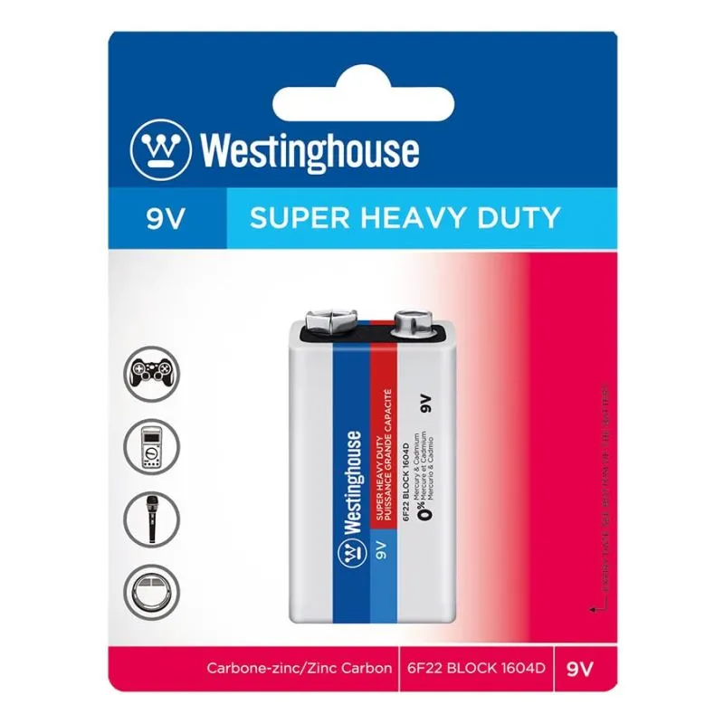 6F22-BP1 9V Zinc-Carbon Super Heavy Duty Battery, Single Blister Pack