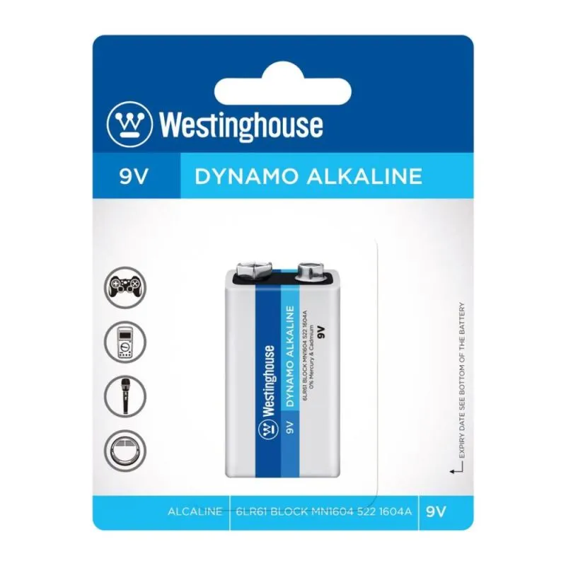6LR61-BP1, Westinghouse 9V Alkaline Battery – 6LR61 Block Type, Long-Lasting Performance