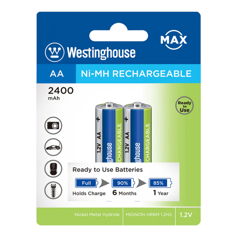 NH-AA2400ARBP2 1.2V AA Ni-MH Rechargeable Batteries, 2400mAh Capacity, Pack of 2