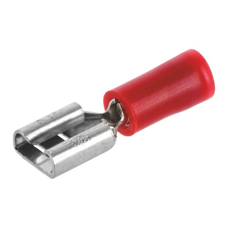 Mueller Fully Insulated Female Quick‑Disconnect Terminal, Red Nylon, 0.25” Tab, 22–18 AWG