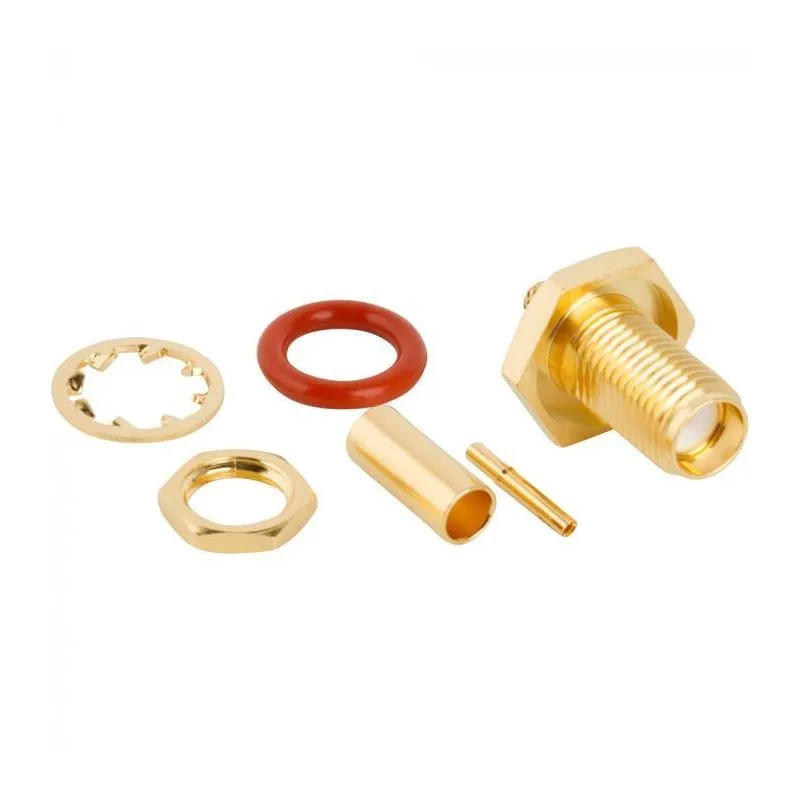 SMA STRAIGHT CRIMP JACK BULKHEAD RF CONNECTOR, 50 OHM, LMR-100A COMPATIBLE