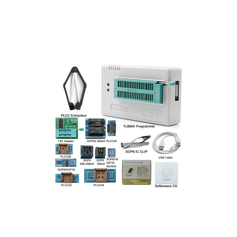 TL866II Plus Programmer Kit, Universal EEPROM/Flash MCU Programmer, Includes 12 Adapters, PLCC Extractor, USB Cable, SOP8 Clip & Software