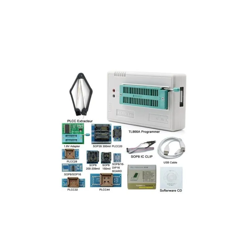 TL866II Plus Programmer Kit, Universal EEPROM/Flash MCU Programmer, Includes 12 Adapters, PLCC Extractor, USB Cable, SOP8 Clip & Software