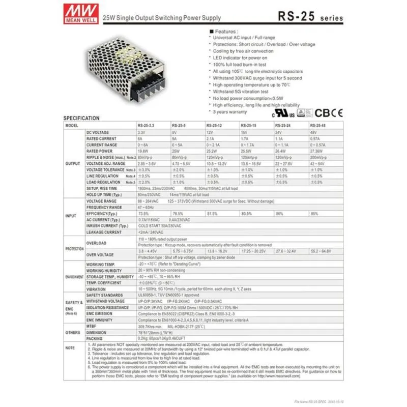 RS-25-3.3,Single Output Switching Power Supply,3.3V,6A
