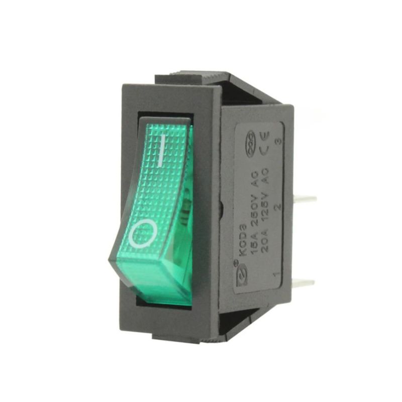 KCD 3 Green Illuminated Rocker Switch - Panel Mount, On/Off Control with LED Light