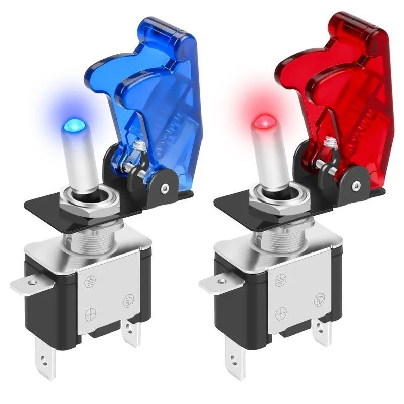 Illuminated SPST Toggle Switch with Safety Flip Cover (12 V, 20 A, LED) — available in red or blue cover versions