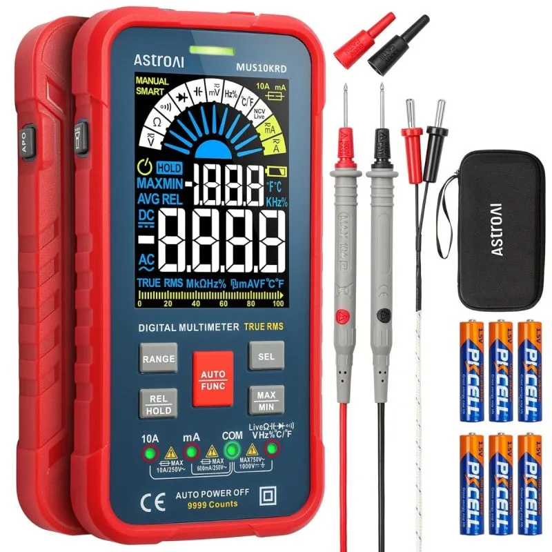 AstroAI MUS10KRD True RMS Digital Multimeter 10000 Counts Smart Auto Ranging AC DC Voltage Current Capacitance Frequency Temperature NCV Tester