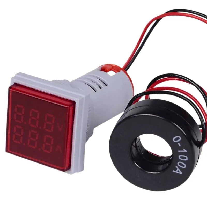 Digital LED Volt Amp HZ AC Ammeter,50-380V,100A,99Hz,3 in 1,22mm,Red