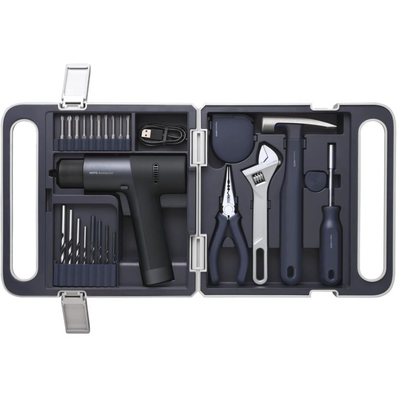  QWSGJ003, HOTO Cordless Brushless Drill Tool Set, 12V, 7-Piece Kit with LED Display