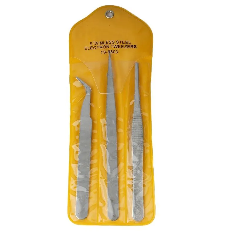 Sparetronic Tweezers Set TS‑9803, Stainless Steel, Anti-Static, Precision Tip – 3 PCS for Electronics, Soldering & Craft Work
