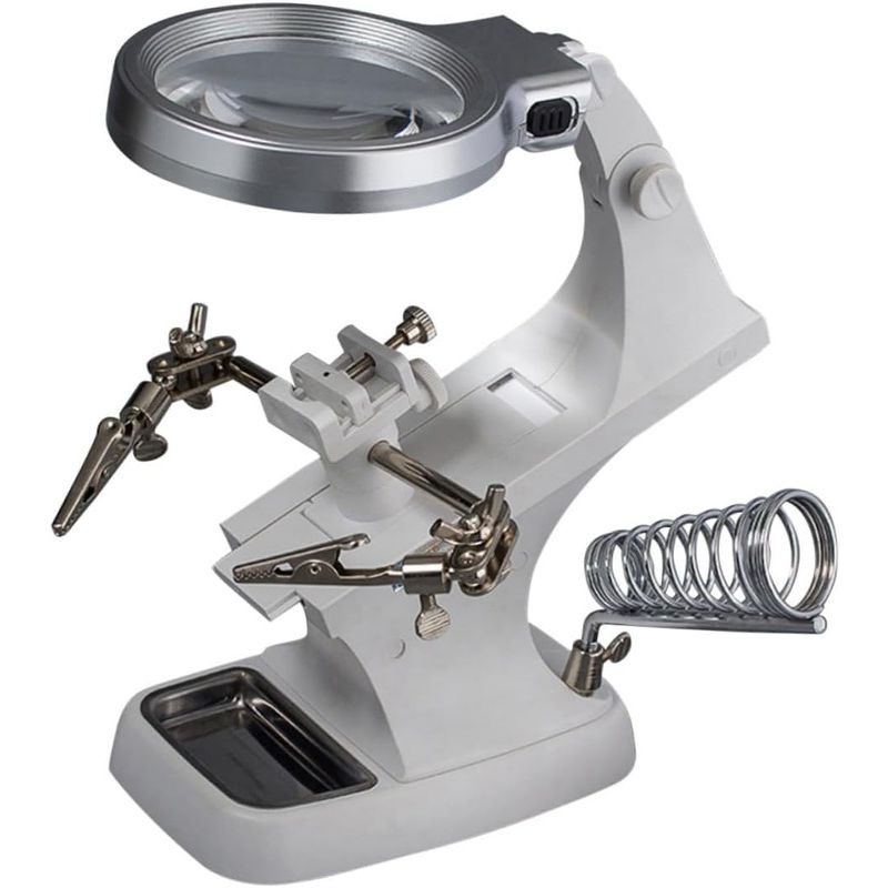 TH-7023, Helping Hand Magnifier with LED Light, USB Powered, Integrated Soldering Stand,White