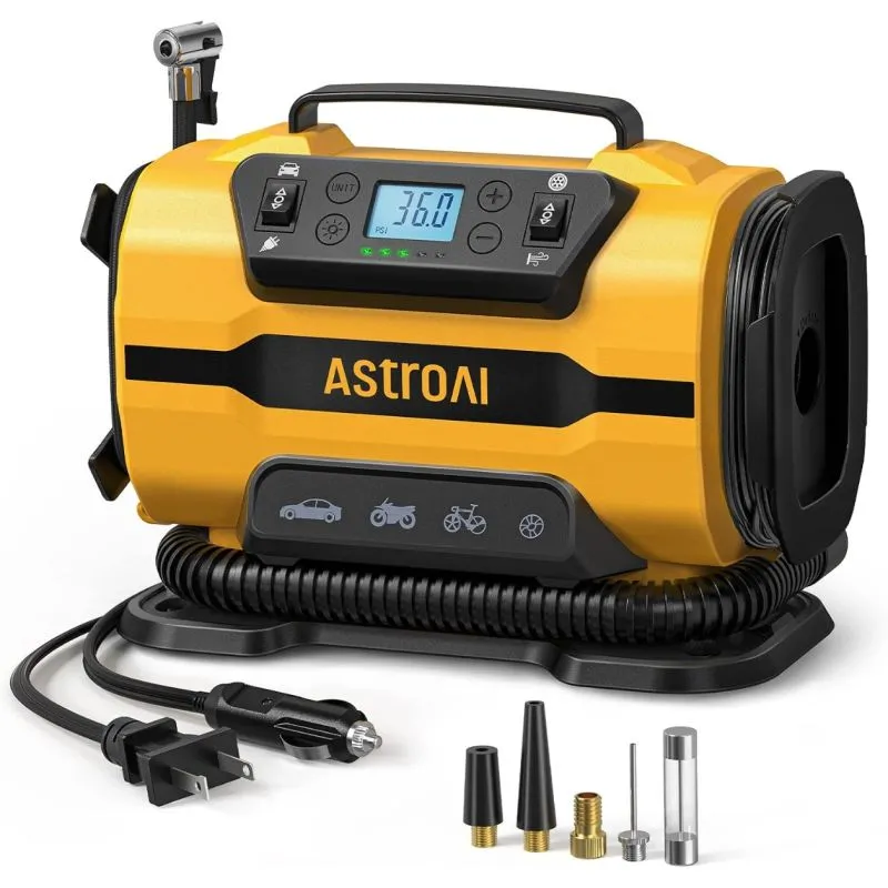 AstroAI Z1 Portable Tire Inflator 150 PSI Dual Motor Air Compressor 12V DC 110V AC with Digital Gauge Auto Shut Off and LED Light