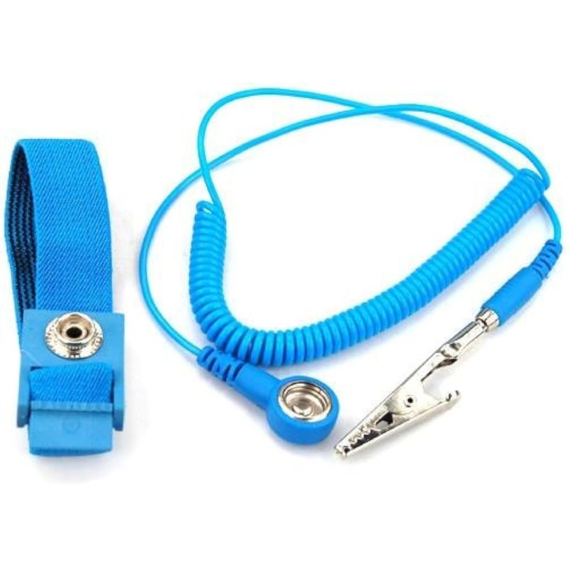 Anti-Static Wrist Strap, Adjustable, Blue, with Alligator Clip and Coiled Cord