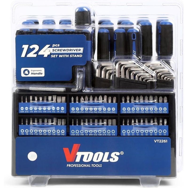 VT2261,124 Pcs Screwdriver Set with Stand, Ergonomic Handle, Multi-Bit Professional Toolkit