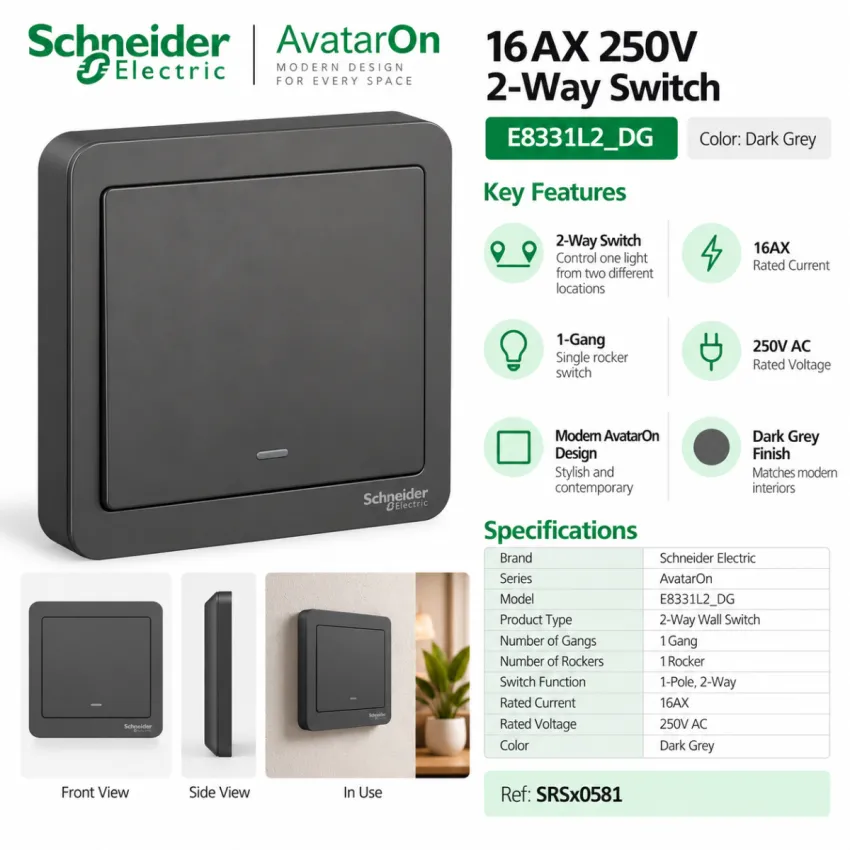 Schneider Electric AvatarOn 16AX 250V 1-Gang 2-Way Switch – Dark Grey