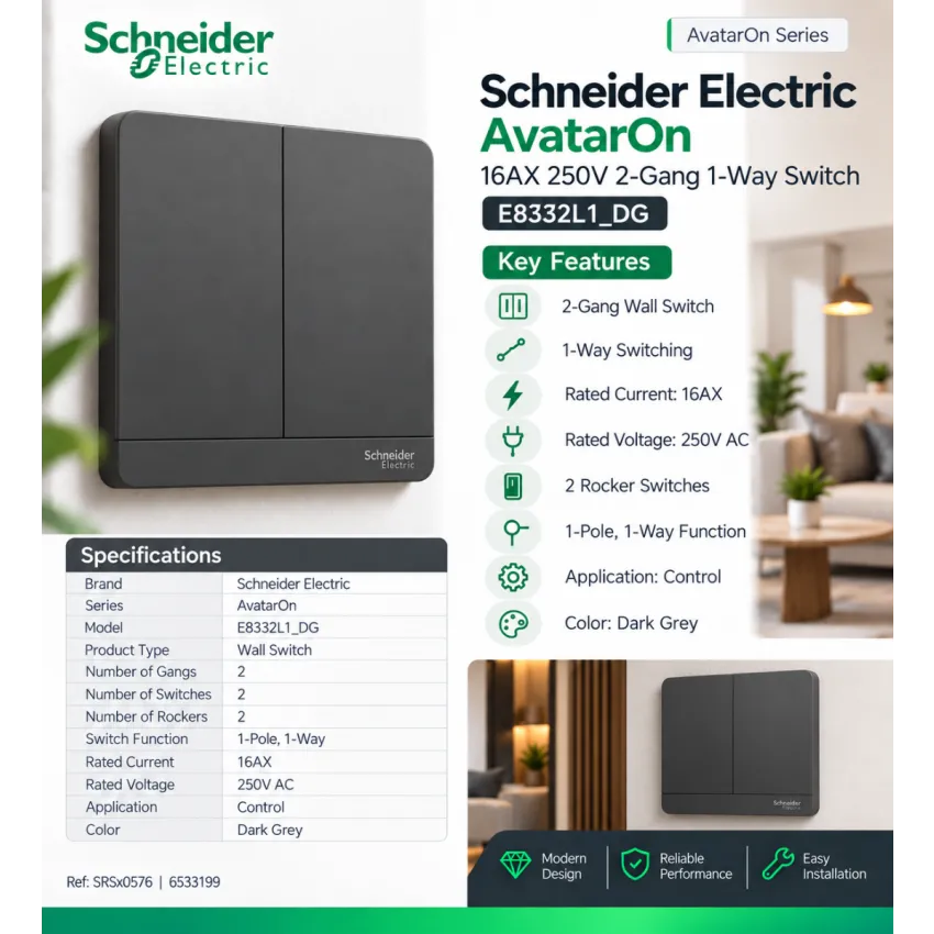 Schneider Electric AvatarOn 16AX 250V 2-Gang 1-Way Switch – Dark Grey