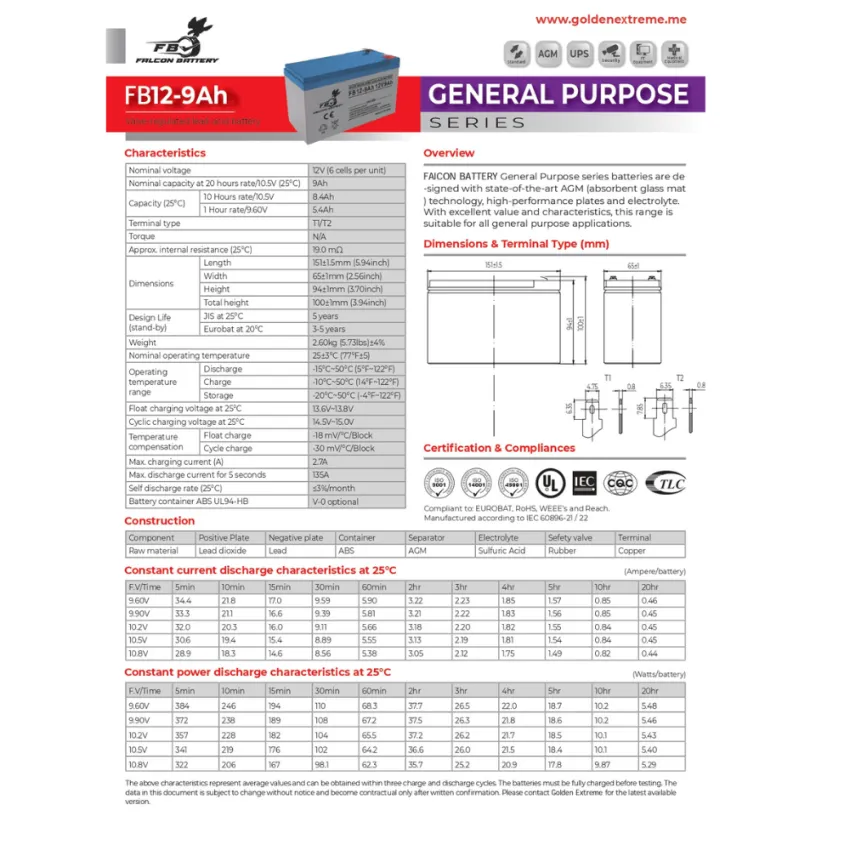 FB12-9Ah Valve Regulated Lead-Acid Battery, 12V 9Ah AGM