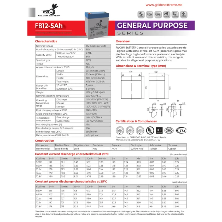 FB12-5Ah Valve Regulated Lead-Acid Battery, 12V 5Ah AGM