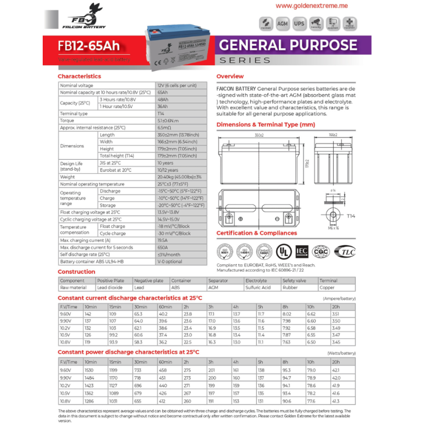 FB12-65Ah Valve Regulated Lead-Acid Battery, 12V 65Ah AGM