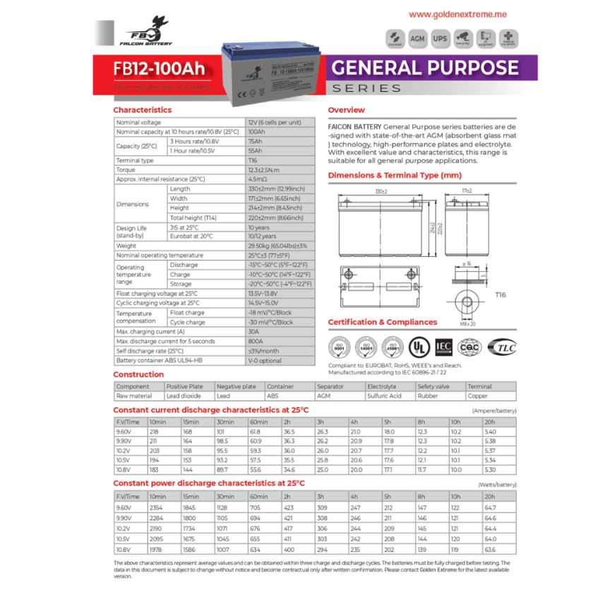 FBG12-100Ah Valve Regulated GEL Battery, 12V 100Ah