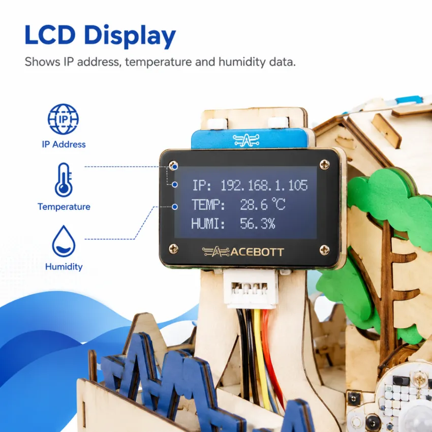 ACEBOTT QE001 ESP32 Smart Home IoT Starter Kit with Wooden House and App Control