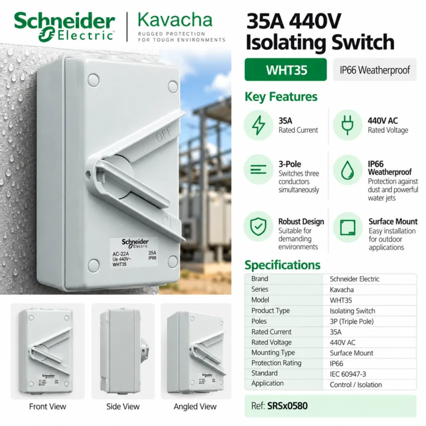 Schneider Electric Kavacha 35A 440V Triple-Pole Weatherproof Isolating Switch – IP66