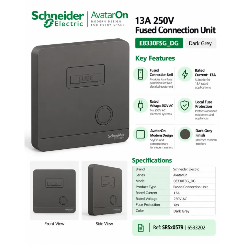 Schneider Electric AvatarOn 13A 250V Fused Connection Unit – Dark Grey