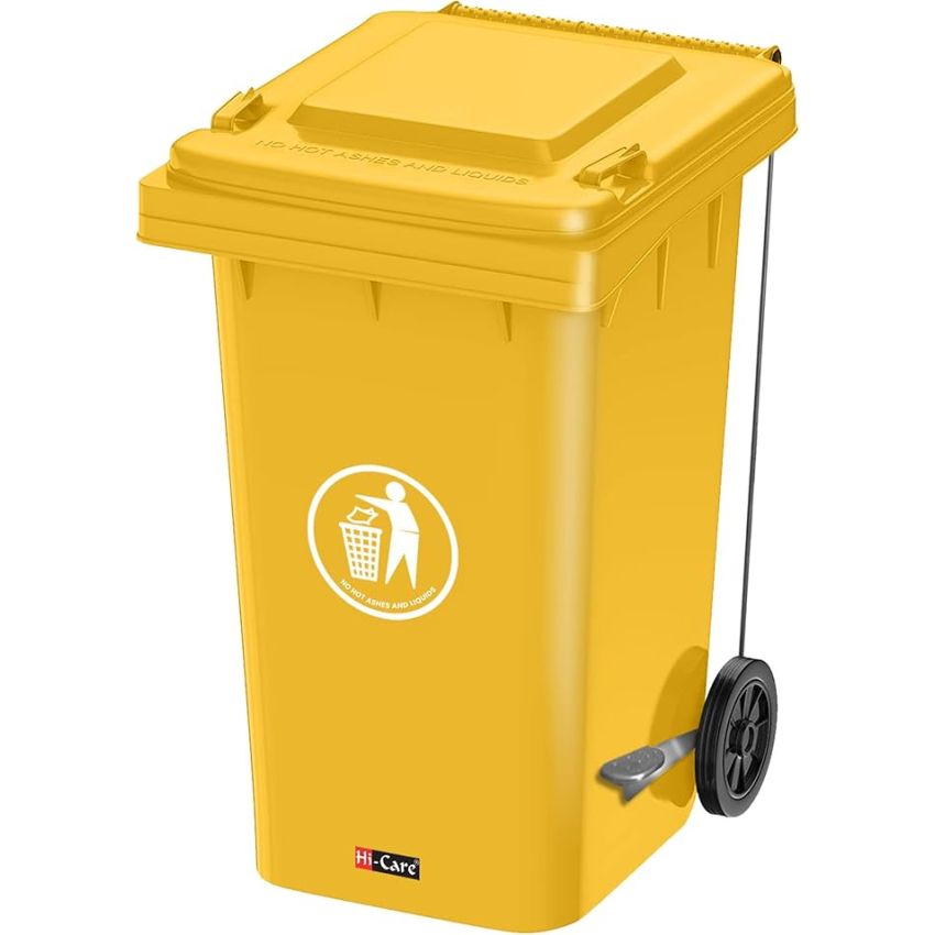 Hi-Care Plastic Garbage Bin 120 Litre with wheel and pedal - Heavy Duty Kitchen DustBin Outdoor Recycle Trash Can Large Industrial Waste bin Trash bin (Yellow)  (10-15 WORKING DAYS subject to availability  )