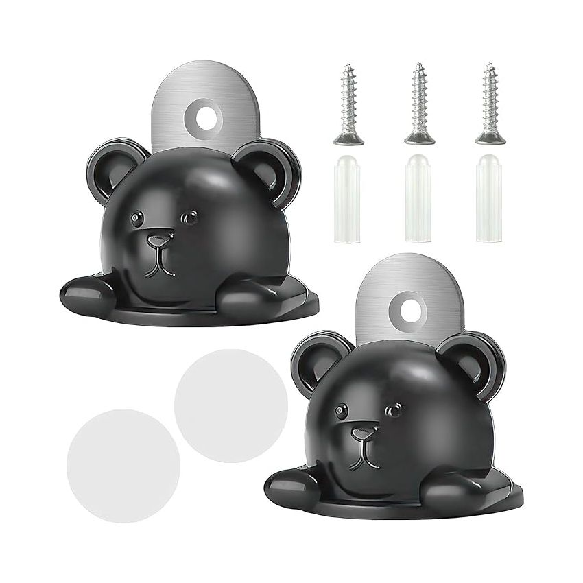 BIGTHREE Magnetic Door Stop Set, 2 Pack Cute Bear Design, No Drilling Door Holder with Adhesive Tapes and Suction Cup, Durable Silicone Door Stopper for Wall, Keep Doors Open, Black  (10-15 WORKING DAYS subject to availability )