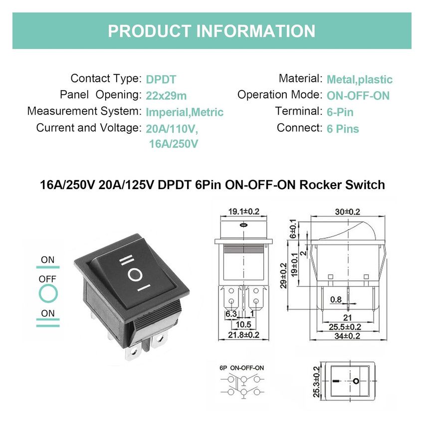 KCD4,Rocker Switch, 6-Pin,DPDT,Black, 16A, 250VAC, ON-OFF 
