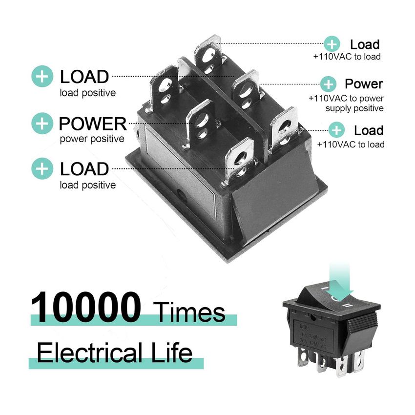 KCD4,Rocker Switch, 6-Pin,DPDT,Black, 16A, 250VAC, ON-OFF 