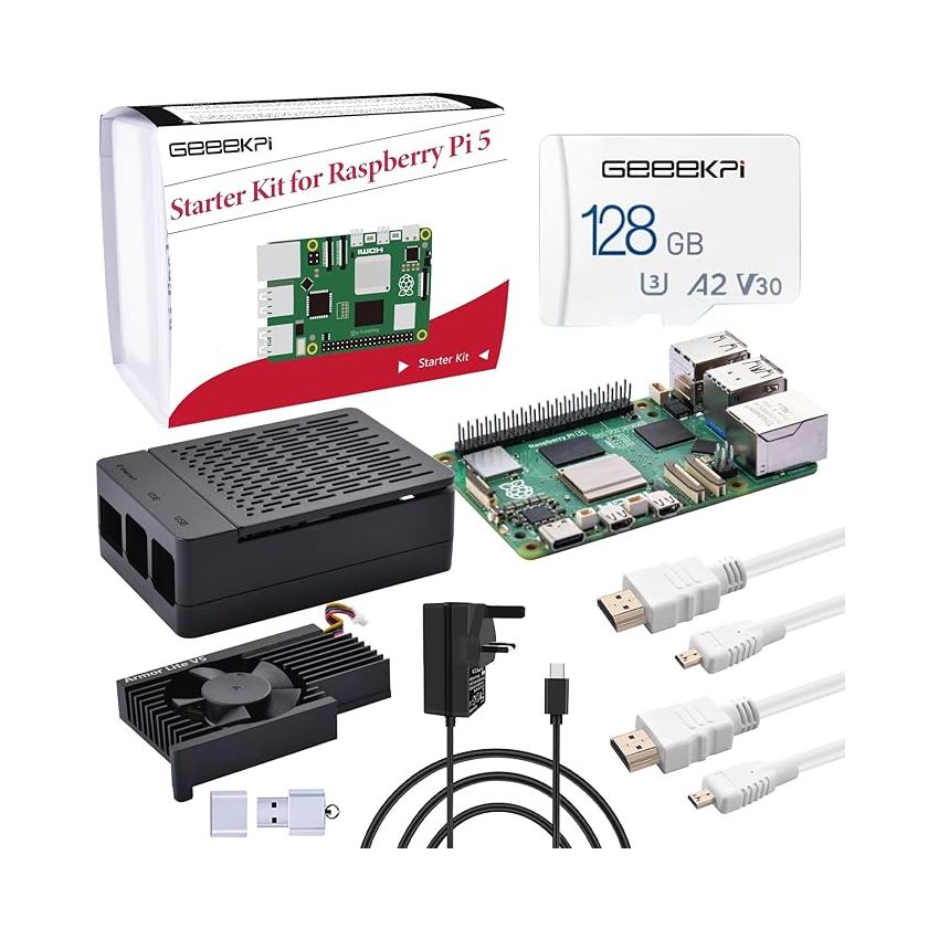 GeeekPi Starter Kit for Raspberry Pi 5 8GB, with Raspberry Pi 5 & Active Cooler, Case, 128GB Card, Card Reader, HDMI Cables and 27W USB C Power Supply (10-15 WORKING DAYS subject to availability )