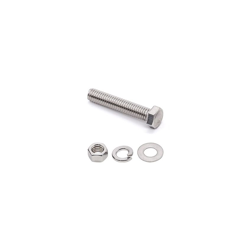 Bolt size 8mm hex head, Length 25 mm (stainless steel). With plain washer , lock washer, star washer, and (nut)