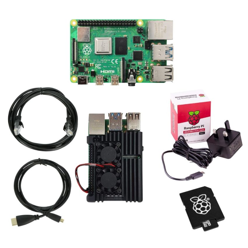 Raspberry Pi 4 Model B Starter Kit, 4GB RAM + 32GB microSD + Dual-Fan Aluminum Case, Power Supply, HDMI & Network Cable