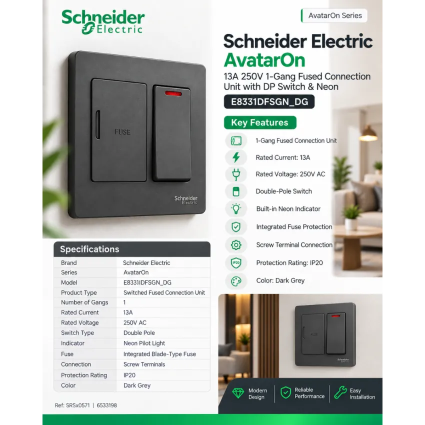 Schneider Electric AvatarOn 13A 250V 1-Gang Fused Connection Unit with Double-Pole Switch & Neon – Dark Grey