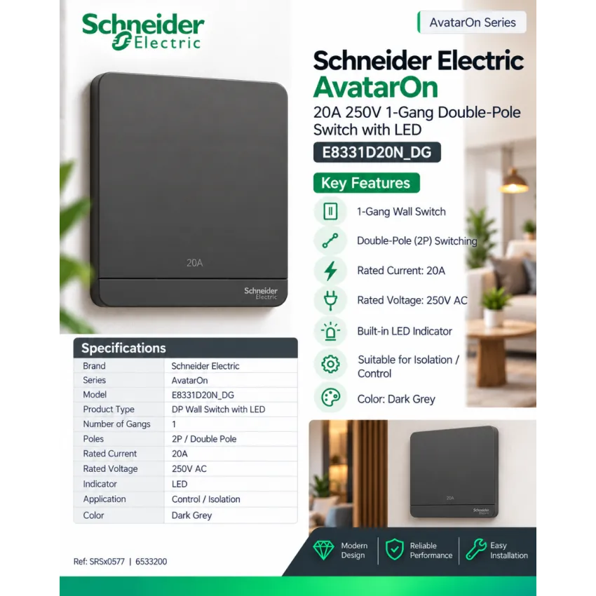 Schneider Electric AvatarOn 20A 250V 1-Gang Double-Pole Switch with LED – Dark Grey
