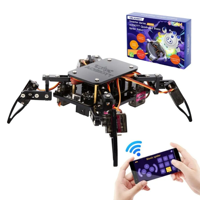 ACEBOTT Quadruped Bionic Spider Robot Kit with ESP8266 Controller Board | Supports Arduino, ACECode Programming | For Home & K-12 Classroom STEM Education (without Battery)