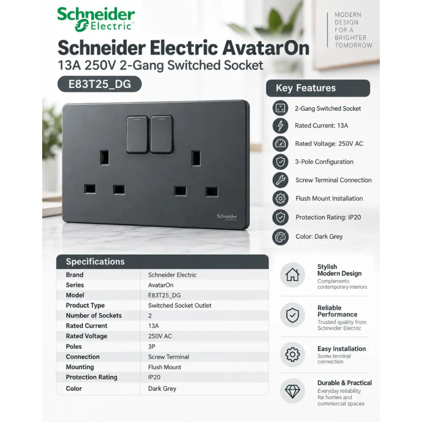 Schneider Electric AvatarOn 13A 250V 2-Gang Switched Socket – Dark Grey