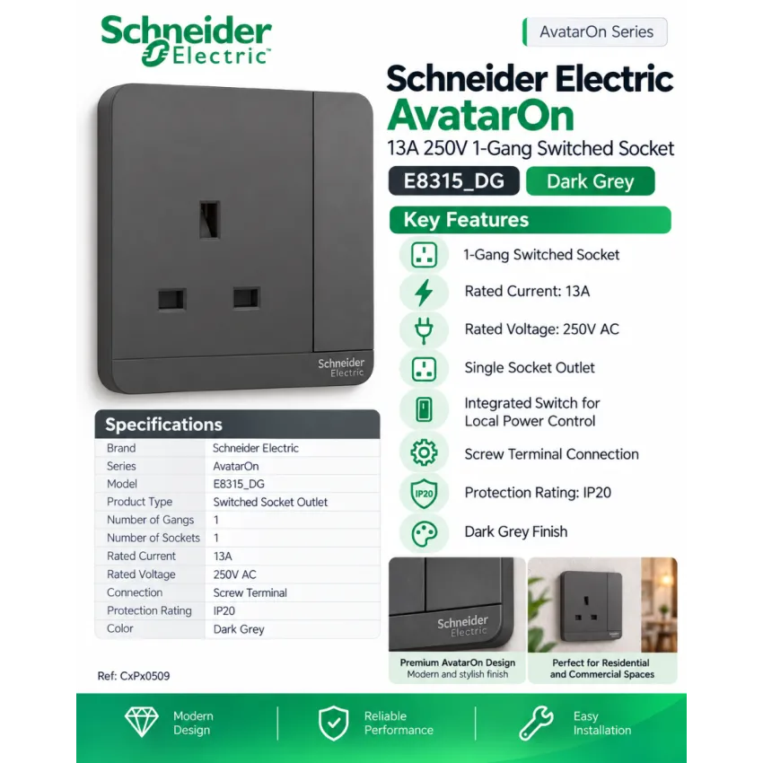 Schneider Electric AvatarOn 13A 250V 1-Gang Switched Socket – Dark Grey