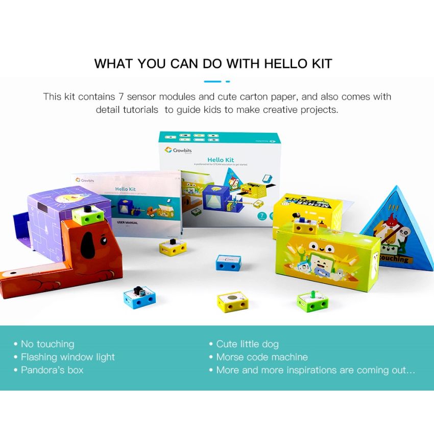 Crowbits-Hello Kit – 7 Modules, 5 Cardboard Projects, LEGO-Compatible, No Programming Required