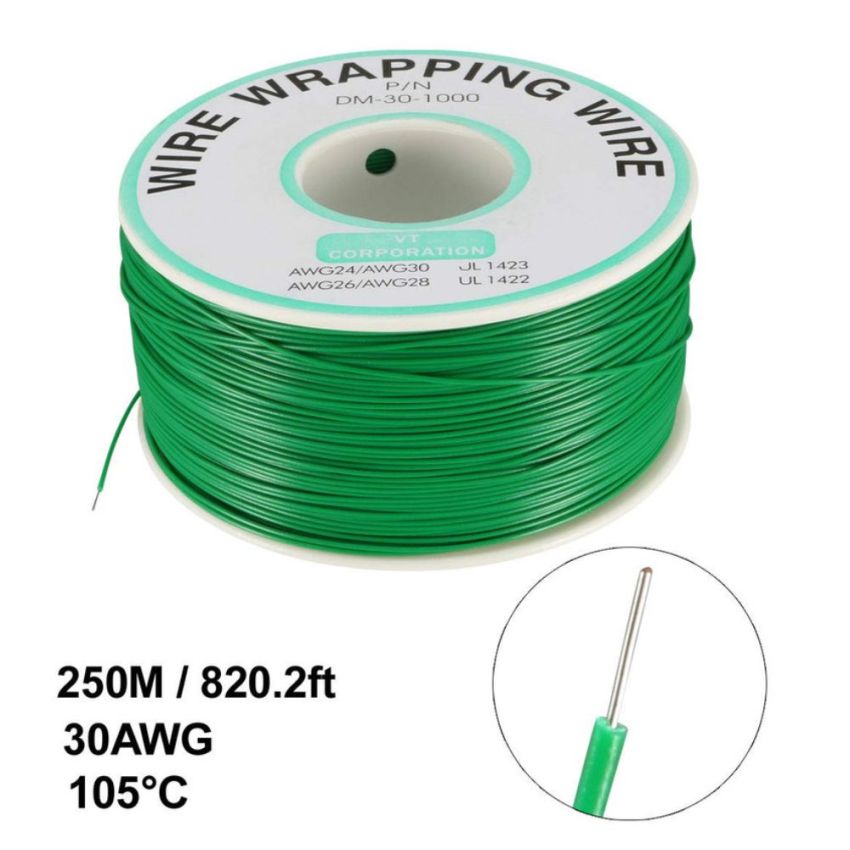 B-30-1000 Insulated PVC Coated 30AWG Wire Wrapping Wire - Green (230 Meters) for Electronics Projects