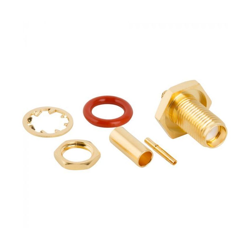 SMA STRAIGHT CRIMP JACK BULKHEAD RF CONNECTOR, 50 OHM, LMR-100A COMPATIBLE