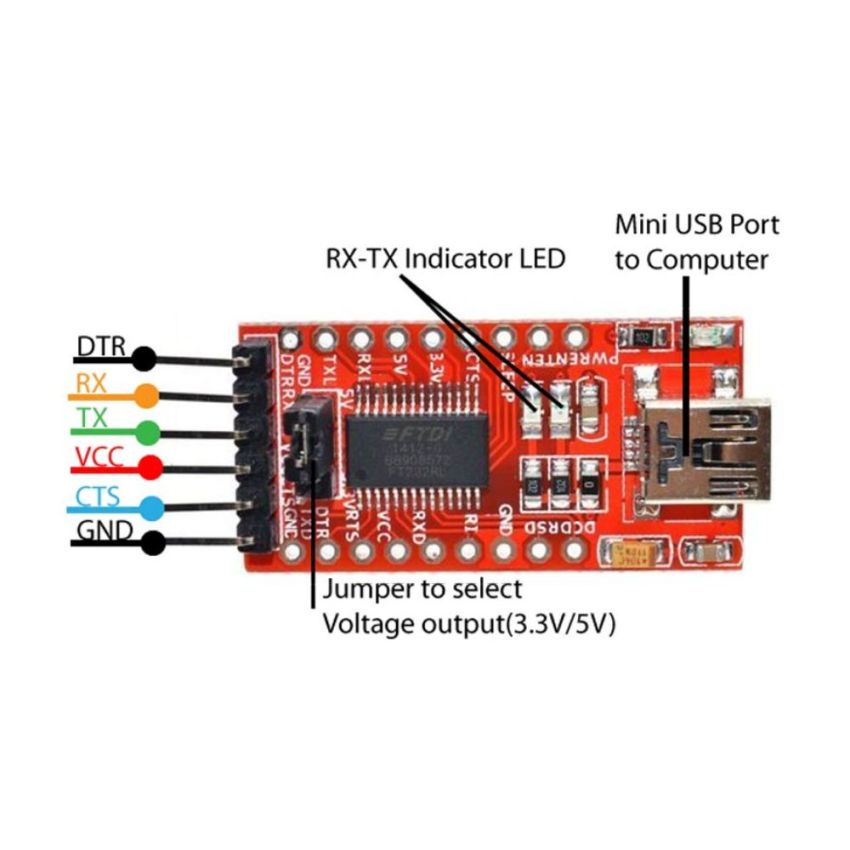 FT232RL USB to TTL FTDI Serial Adapter Module, 3.3V/5V, USB to Serial Converter