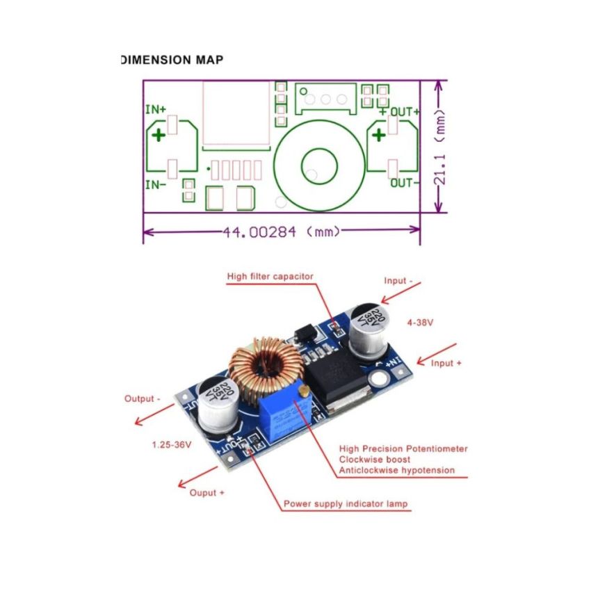 XL4005, DC-DC Adjustable Step Down Module, 5A, 5V-32V to 1.25V-32V.